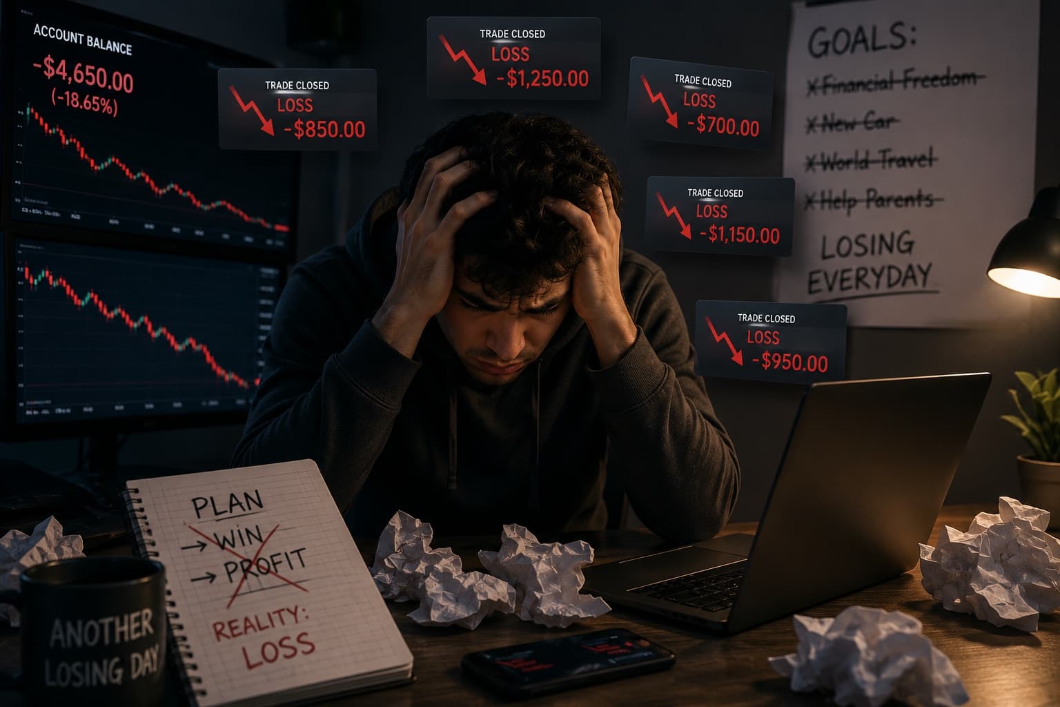 A stressed trader staring at repeated trading losses on screen
