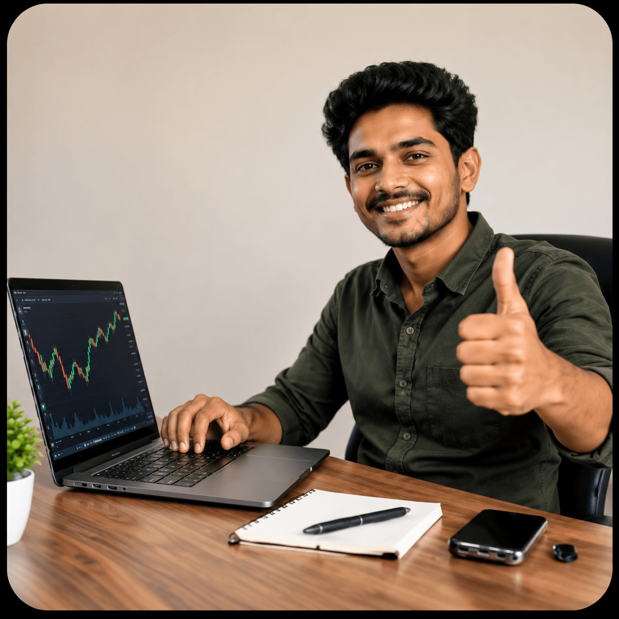 A confident trader giving a thumbs up in front of his trading chart