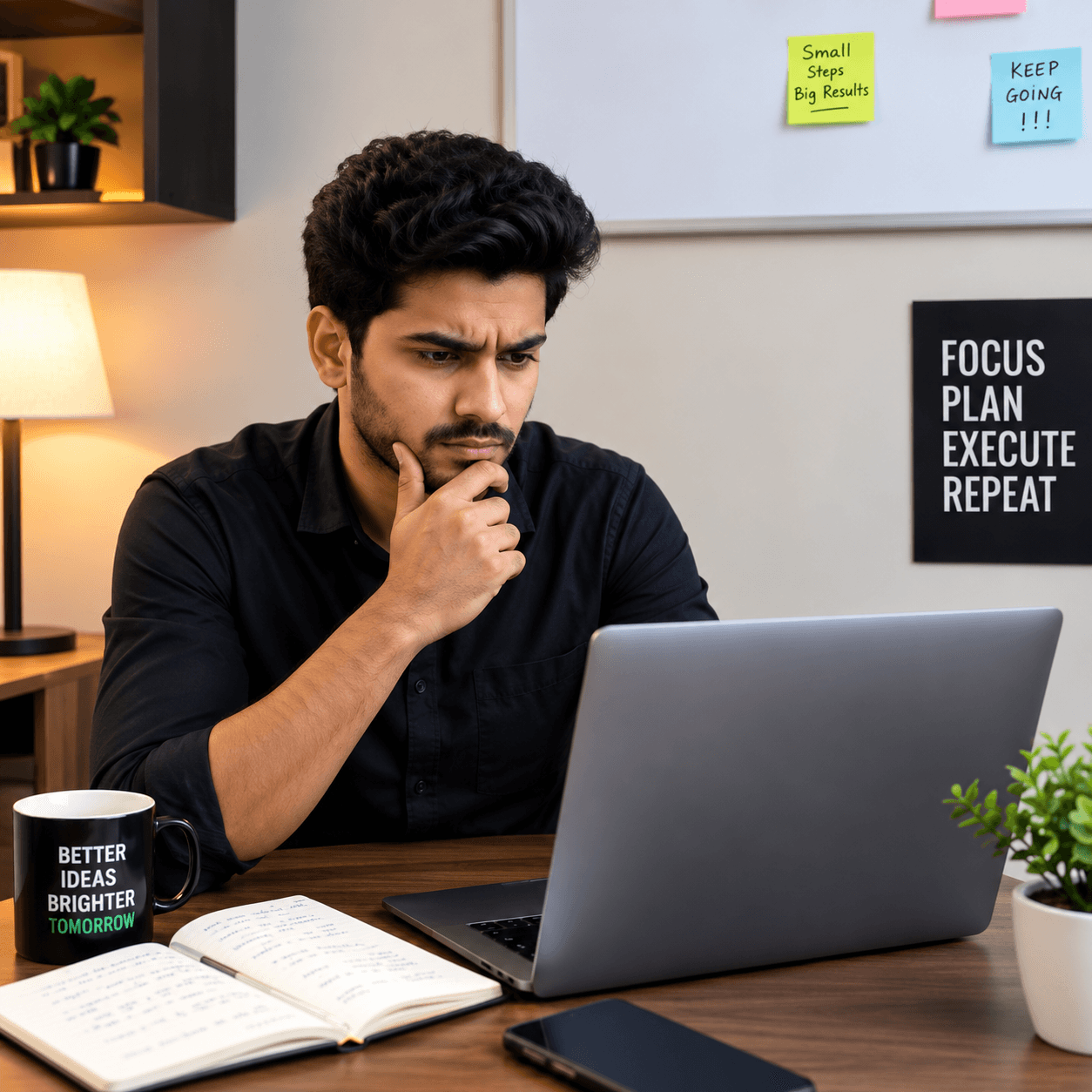 A trader thinking through a decision in front of his laptop